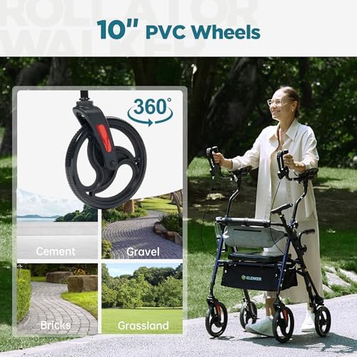 ELENKER Upright Rollator Walker, Stand Up Walkers for Seniors with Armrest, Front Pouch, 10”Wheels, Sponge Padded Seat and Backrest, Fully Adjustment Frame, Blue