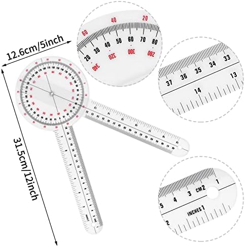 Prasacco 12 Inch Goniometer, Transparent Orthopedic Angle Ruler Plastic Goniometer 360 Degree Goniometer Angle Protractor Goniometer for Body Measuring Tape Goniometer Protractor Ruler