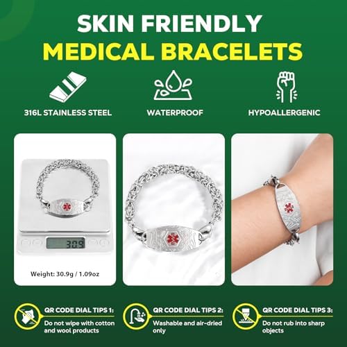 Upgraded Medical Bracelets Men Women with QR Code Medical Alert ID Bracelets - Titanium Steel Wristband Fits Wrists Up 8''-10'' - More Space Custom Emergency Med ID Info