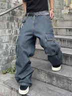 DFGIGT Mens Denim Baggy Pants with Cargo Pockets Mid Weight Casual Streetwear Wide Leg Jeans Hip Hop Skater Trousers
