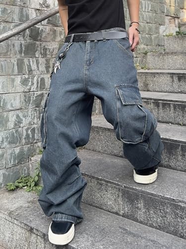 DFGIGT Mens Denim Baggy Pants with Cargo Pockets Mid Weight Casual Streetwear Wide Leg Jeans Hip Hop Skater Trousers