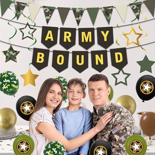 Holkcog Army Party Decorations, Green Military Themed Birthday Banner, Farewell Party Welcome Ceremony, Army Bound Themed Cupcake Decorations, Boot Camp Cake Topper Ballons Supply