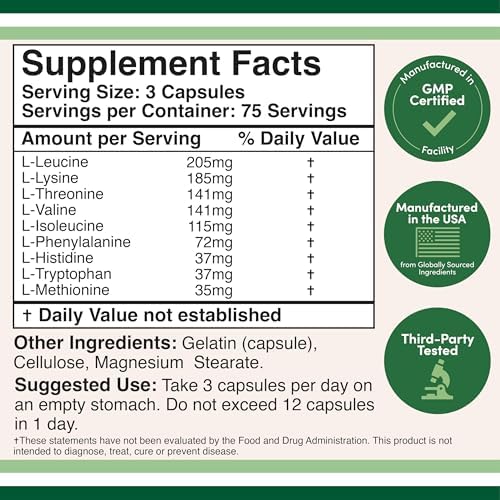 Essential Amino Acids - 1 Gram Per Serving Powder Blend of All 9 Essential Aminos (EAA) and All Branched-Chain Aminos (BCAAs) (Leucine, Isoleucine, Valine) 225 Capsules, Gluten Free by Double Wood