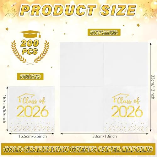 200Pcs Class of 2025 Graduation Napkins, Disposable Congrats Grad Paper Napkins Square Foil Dot Hand Towels for 2025 High School University College Graduation Party Decorations (Gold)