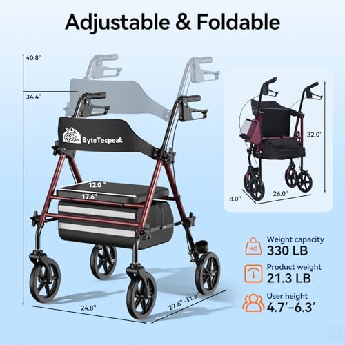 2026 Upgrade ByteTecpeak Walkers for Seniors with Seat,R4 Rollator Walker with 8" Big Wheels for All Terrain,Lightweight Foldable Rolling Walkers with Brake,Adjustable Upright Walker Supports 330lb
