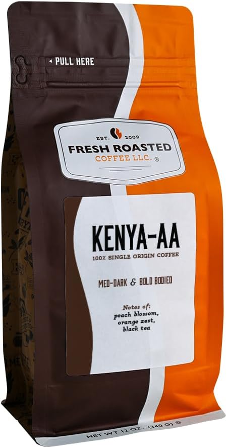 Fresh Roasted Coffee, Kenya AA, 12 oz, Med-Dark Roast, Kosher, Ground