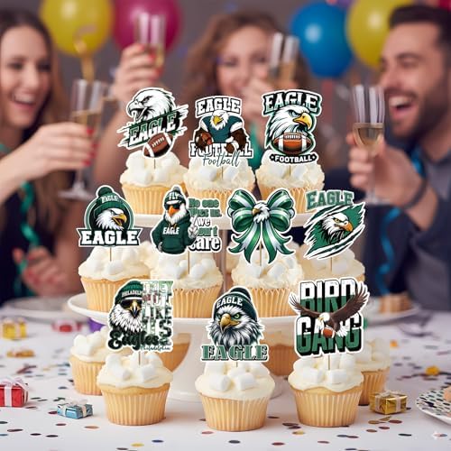 24 Pack Football Cupcake Toppers - Green Football Animal Theme Cup Cake Decorations for Birthday Sports Game Day Tailgate Favors Sport Themed Party Supplies