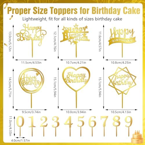 16 PCS Happy Birthday Cake Topper Set, Gold Cake Decoration, Acrylic Reusable Numbers Cake Cupcake Desserts Topper Double-Sided Glitter Birthday Cake Topper for Kids Adults