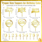 16 PCS Happy Birthday Cake Topper Set, Gold Cake Decoration, Acrylic Reusable Numbers Cake Cupcake Desserts Topper Double-Sided Glitter Birthday Cake Topper for Kids Adults