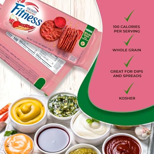 Nestle Fitness Thins Beetroot Crackers - Whole Grain Snack for Adults & Kids, Kosher Certified, 100 Calories Per Serving, Ideal for Dips and Spreads - 2 Pack