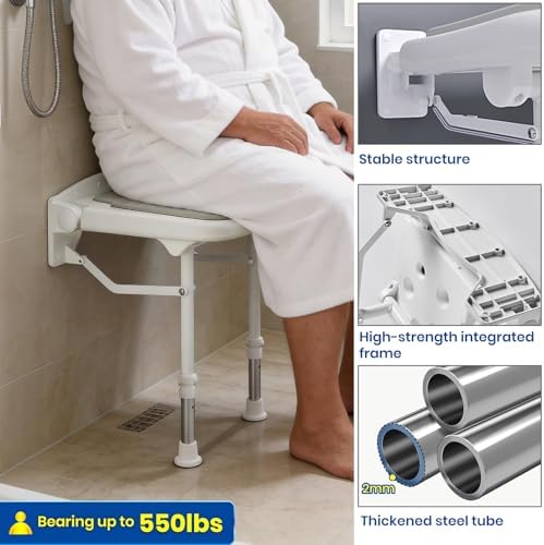 Wall Mounted Shower Seats with Bathroom Grab Bar, Support 550lbs, Adjustable Height Fold Down Shower Seat Wall Mounted, Folding Shower Bench Wall Mounted for Elderly-Adults-Pregnants-Seniors-Disabled