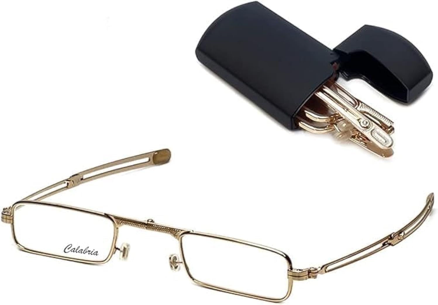 Calabria Mini Metal Folding Reading Glasses Corning Glass Lens Mens Womens Pocket Readers Travel Foldable Flip Top Hard Case