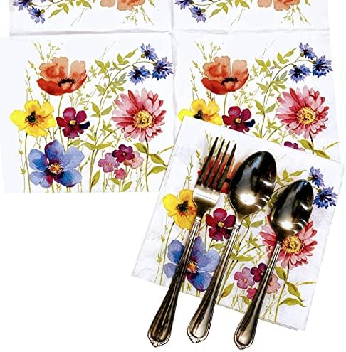 20-ct 3-ply 13x13 Meadow Floral Napkins Paper Valentines Day Decorative Decoupage Mother Spring Pretty Flower white pink purple yellow green blue 6.5 x 1 inch