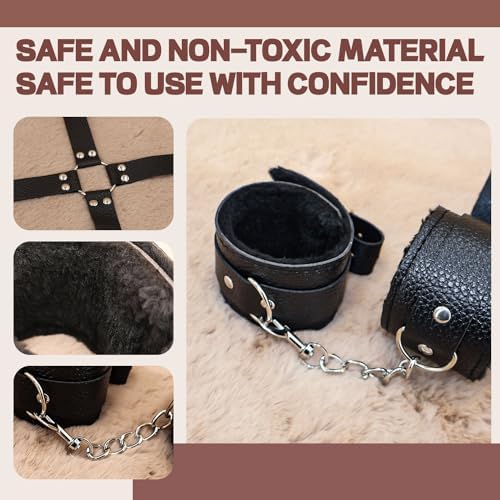 Couples Sexy Gift Sets 10pcs Set,Leather Restraints Ball Mouth Plug for Women, Adjustable Accessory for Couples Play Black ZF03