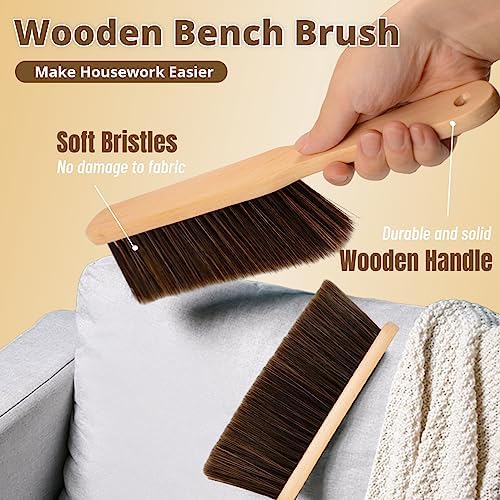 2 Pieces Woooden Dust Brush Hand Broom Bench Brush with Long Wood Handle Whisk Broom Soft Bristle Brush for Counter Bed Sofa Car Fireplace Clothes Household Cleaning(Brown)