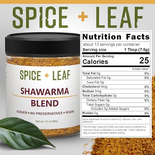 Premium Shawarma Spice Seasoning by Spice + Leaf, 3.5 Oz - Kosher, Vegan Preservative Free Spice Blend for Middle Eastern Flavor. Vegetarian, Dairy Free and Salt Free