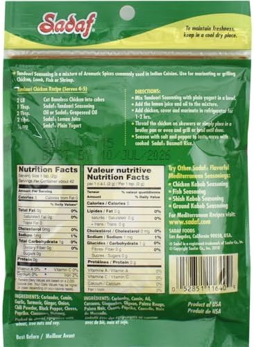 Sadaf Tandoori Seasoning - Tandoori Masala of 12 Spices - Tandoori spices for your Tikka Masala and your Butter Chicken - Indian Spice Blend - Salt-Free - 3 Oz Resealable Bag