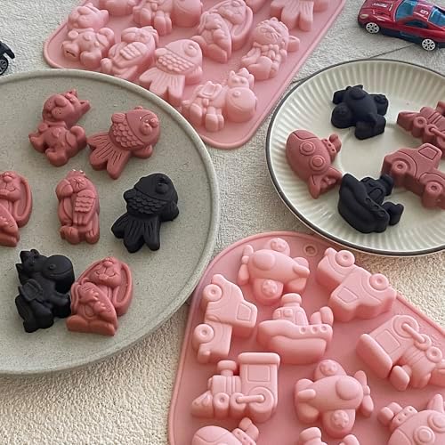 2PCS Animal Silicone Molds 3D Car Chocolate Candy Mold Transportation Gummy Jello Molds For Kids Dog Cat Fish Train Airplane Molds For Baking