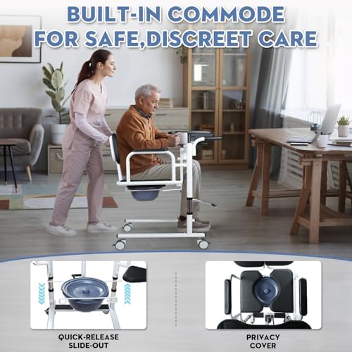 Patient Lift Transfer Chair for Elderly and Home, Portable Adjustable Height Lift Nursing Wheelchair 180° Split PU Leather and Thickened Sponge Seat, 440lbs, 4 in1 Footrest Hydraulic Lift Chair