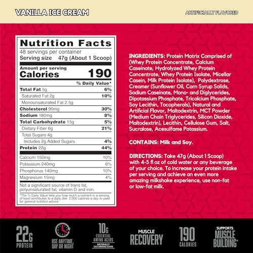 BSN SYNTHA-6 Whey Protein Powder, Micellar Casein, Milk Protein Isolate Powder, Vanilla Ice Cream, 5 Pounds, 48 Servings (Pack of 1) - Package May Vary
