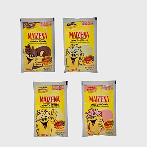 Maizena Fortified Corn Starch in Strawberry, Vanilla, Chocolate, and Coconut Flavors For Cooking, Baking, Beverage Mix (Atole), Pack of 4 Bags, 1.06 oz Each