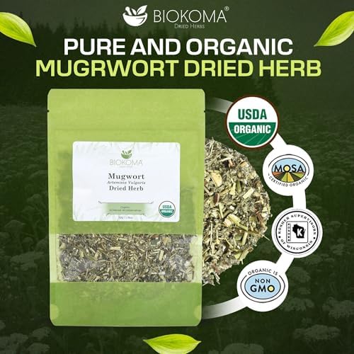 Biokoma Organic Mugwort Dried Herb 50g 1.76oz Artemisia vulgaris USDA Organic Herbal Tea Premium Cut Aromatic Leaves Lucid Dreaming Bath Resealable Pouch No Additives No Preservatives No GMO Kosher