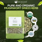 Biokoma Organic Mugwort Dried Herb 50g 1.76oz Artemisia vulgaris USDA Organic Herbal Tea Premium Cut Aromatic Leaves Lucid Dreaming Bath Resealable Pouch No Additives No Preservatives No GMO Kosher