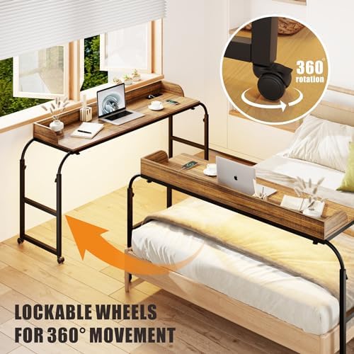 Over Bed Desk with Wheels Adjustable Height, King Size Overbed Table with LDE Lights and Human Sensor, Overbed Laptop Desk with Charging Station, Brown