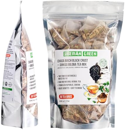 Siberian Green Ginkgo Tea with Chaga Tea Birch Black Crust – 50Pcs Natural Pure Tea Bags for Energy Support – Non-GMO, No Fillers – Chaga Mushrooms Infusion Bags Rich in Flavonoids, Antioxidants