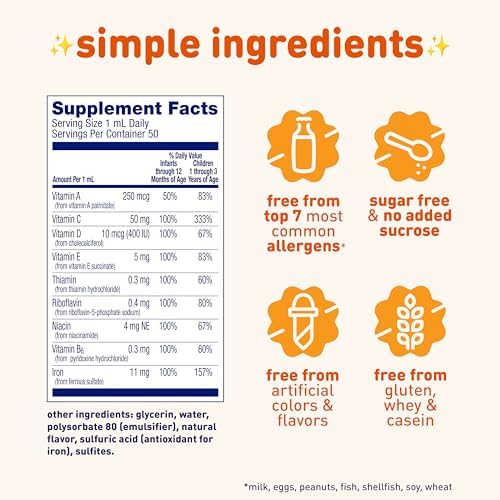 Enfamil Baby Vitamins Enfamil Poly-Vi-Sol 8 Multi-Vitamins & Iron Supplement Drops for Infants & Toddlers, Supports Growth & Development, 50 mL Dropper Bottle