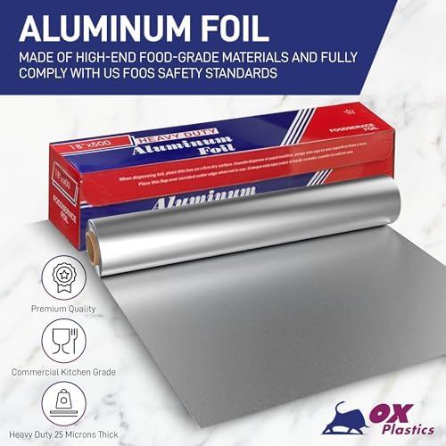 Ox Plastics Aluminum Foil Wrap | Heavy-Duty, Commercial Grade for Food Service Industry | Silver Foil for Cooking, Roasting, Baking, BBQ & Parties | 18"x 500 feet (4 Pack)