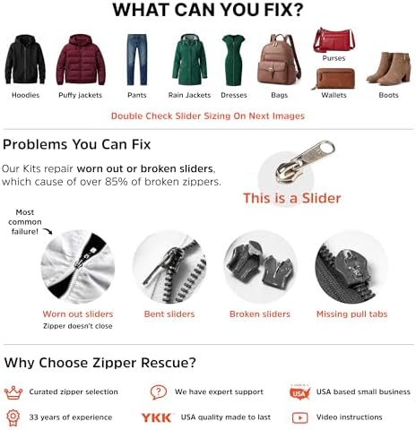 Zipper Rescue Clothing Zipper Repair Kit - The Original Zipper Pull Replacement kit for Hoodies, Pants, Handbags - Included 11 Metal Sliders, 4 End Stops, 6 Top Stops - Made in America Since 1993