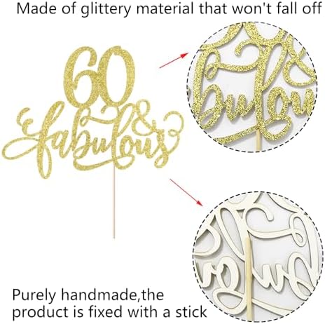 Kaoenla 60 & Fabulous Cake Toppers-60/sixty Birthday 、sixty And Fabulous、60 Anniversary 、60 Wedding AnniversaryC Party 、Happy 60th Birthday Selected Cake Decorations Supplies (golden, 60)