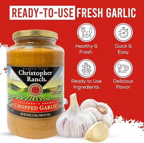 Christopher Ranch Chopped Garlic in Olive Oil, California-Grown Fresh, Ready-to-Use, Premium Quality, Gluten-Free, Vegan-Friendly, Pantry Essential, 32 oz Jar