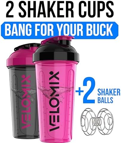 VELOMIX -2 Pack- 28 oz Protein Shaker Bottles for Protein Mixes - 2x Wire Whisk | Leak Proof Shaker Cups for Protein Shakes and Pre Workout | Protein Shaker Bottle Pack (B2) Black/Pink