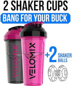 VELOMIX -2 Pack- 28 oz Protein Shaker Bottles for Protein Mixes - 2x Wire Whisk | Leak Proof Shaker Cups for Protein Shakes and Pre Workout | Protein Shaker Bottle Pack (B2) Black/Pink