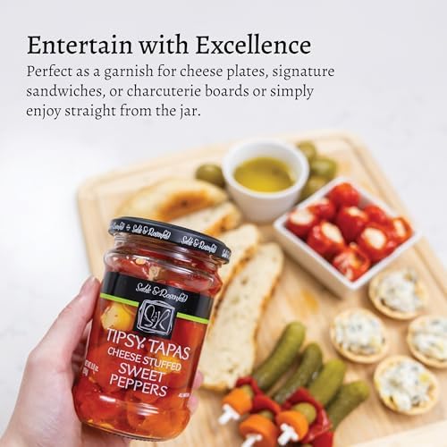 Sable & Rosenfeld Tipsy Tapas Cheese Stuffed Sweet Peppers in a Jar 8.8 oz (Pack of 1), Hand-Stuffed with Cream Cheese, Gluten-Free Gourmet Appetizer