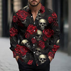 Halloween Graphic Shirts for Men Funny Skull Printed Long Sleeve Lapel Button Down Shirt Casual Fashion Holiday Tops
