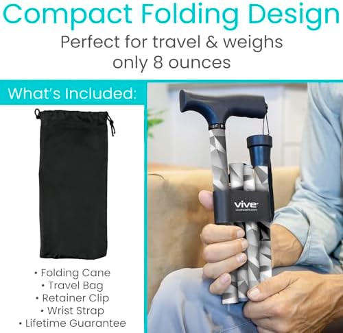 Vive Folding Cane - Foldable Walking Cane for Men, Women - Fold-up, Collapsible, Lightweight, Adjustable, Portable Hand Walking Stick - Balancing Mobility Aid - Sleek, Comfortable T Handles