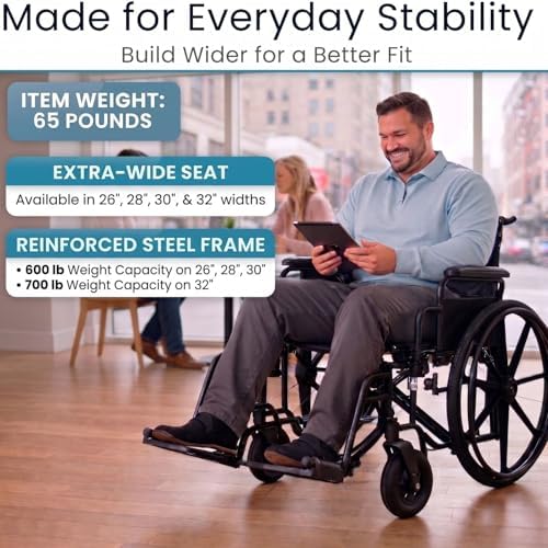 Vive Extra-Wide Bariatric Wheelchair for Adults (600 LB Capacity) Foldable, Heavy Duty, Manual & Transport Wheel Chair - Portable Senior Drive Travel Scooter for Elderly Transfers (26" Seat)
