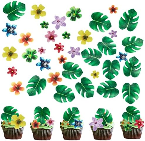 64Pcs Tropical Palm Leaves and Hawaii Flowers Cupcake Toppers Hawaii Theme Cake Decoration for Jungle Summer Party Birthday Wedding Cake Decor