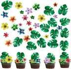 64Pcs Tropical Palm Leaves and Hawaii Flowers Cupcake Toppers Hawaii Theme Cake Decoration for Jungle Summer Party Birthday Wedding Cake Decor