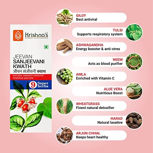 KRISHNA'S HERBAL & AYURVEDA Jeevan Sanjeevani Kwath - 500 ml Enriched with Aloe Vera, Amla, Giloy, Tulsi, Ashwagandha, and 4 More Herbs Natural Immunity Booster 500 ml (Pack of 1) Multicolour