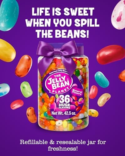 The Jelly Bean Planet, Gourmet Jelly Beans Bulk 42.5 Oz Jar - 36 Natural Fruit Flavors, Kosher Candy, Plant Based Colors - Gluten Free Jellybeans Easter Candy Gift, Allergen Friendly Basket Stuffers