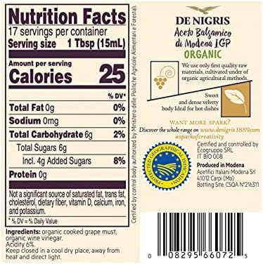 De Nigris Premium Organic Balsamic Vinegar Of Modena (55% Grape Must) 8,5 Oz (250ml) | Balsamic Vinegar From Modena Italy, Ideal For Hot Dishes | Balsamic Vinegar Aged | Balsamic Vinegar Organic