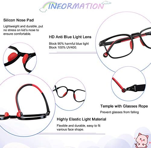 2 Pack Kids Blue Light Blocking Glasses, Computer Glasses with Rope, Anti Blurry and Eyestrain, Cut UV400 Anti Glare for Children Age 3-12 (Black Red, Black Blue)
