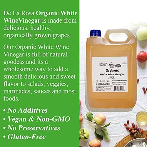 De La Rosa Organic White Wine Vinegar, Aged in Spanish Wood Barrels, Vegan, Non-GMO & Gluten Free, Kosher for Passover, Great for Salad Dressings, Marinades and More, 5 Liter (Pack of 1)