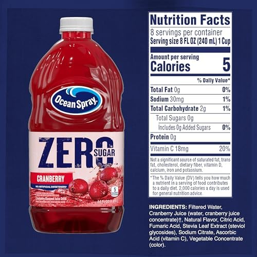 Ocean Spray® ZERO Sugar Cranberry Juice Drink, Cranberry Juice Drink Sweetened with Stevia, 64 Fl Oz Bottle