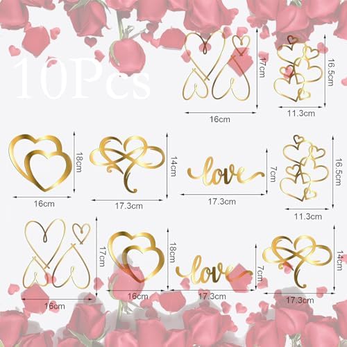 10Pcs Gold Heart Cake Toppers Valentine's Day Wedding Acrylic Heart Shaped Love Cupcake Dessert Toppers Cake Decorations for Birthday Anniversary Engagement Bridal Shower Party Cake Décor