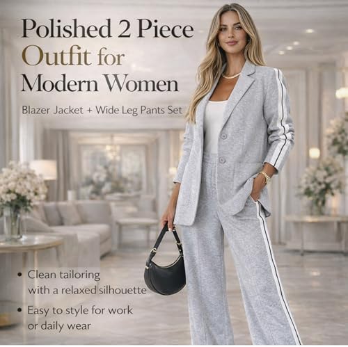 Women’s 2 Piece Blazer and Wide Leg Pants Set, Striped Button-Up Jacket Business Casual Office Outfit